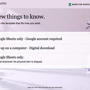 May include: A digital template information graphic with the Planzo Docs logo and the text: A few things to know. Choose the template that fits how you work. Google Sheets only. Google account required. Set up on a computer. Digital download.