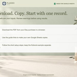 Pode incluir: Um gr&aacute;fico de instru&ccedil;&otilde;es digital para Planzo Dogs com o texto Download. Copy. Start with one record. Descreve tr&ecirc;s passos para usar um modelo do Google Sheets, indicando que as c&eacute;lulas &acirc;mbar s&atilde;o entradas a serem revisadas.
