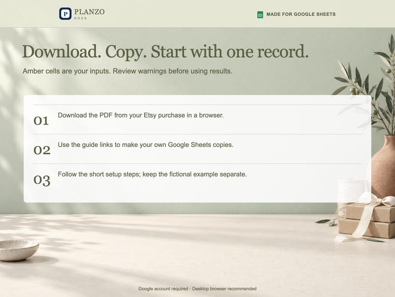 Pode incluir: Um gr&aacute;fico de instru&ccedil;&otilde;es digital para Planzo Dogs com o texto Download. Copy. Start with one record. Descreve tr&ecirc;s passos para usar um modelo do Google Sheets, indicando que as c&eacute;lulas &acirc;mbar s&atilde;o entradas a serem revisadas.