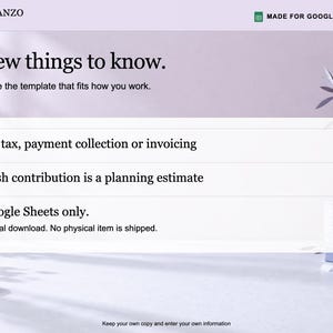 K&ouml;nnte beinhalten: Ein digitales Vorlagendokument von Planzo Docs f&uuml;r Google Sheets. Der Text lautet: A few things to know. Choose the template that fits how you work. No tax, payment collection or invoicing. Cash contribution is a planning estimate. Google Sheets only. Digital download. No physical item is shipped. Keep your own copy and enter your own information.