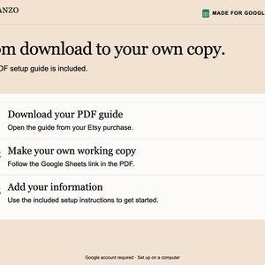 Puede incluir: Un gr&aacute;fico de instrucciones digitales para Planzo Docs, hecho para Google Sheets. Describe tres pasos: 01 Download your PDF guide, 02 Make your own working copy, 03 Add your information. El texto incluye el t&iacute;tulo From download to your own copy.