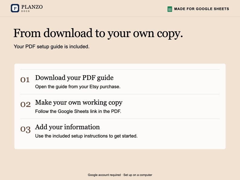 Puede incluir: Un gr&aacute;fico de instrucciones digitales para Planzo Docs, hecho para Google Sheets. Describe tres pasos: 01 Download your PDF guide, 02 Make your own working copy, 03 Add your information. El texto incluye el t&iacute;tulo From download to your own copy.