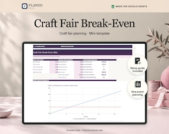 May include: A digital spreadsheet template for Google Sheets titled Craft Fair Break-Even, featuring a table for event costs and item economics, a break-even graph, and two circular icons labeled Setup guide included and One-event planning.