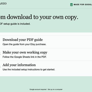 K&ouml;nnte beinhalten: Eine hellgr&uuml;ne Infografik mit dem Titel From download to your own copy. Sie beschreibt drei Schritte: 01 Download your PDF guide, 02 Make your own working copy und 03 Add your information. Das Planzo Docs Logo und das Made for Google Sheets Symbol sind zu sehen.