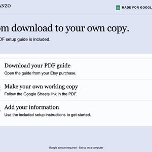 May include: A digital instruction graphic titled From download to your own copy with the Planzo Docs logo and Made for Google Sheets badge. It lists three steps: 01 Download your PDF guide, 02 Make your own working copy, and 03 Add your information.