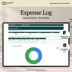 May include: A digital expense log template for Google Sheets titled Expense Log, featuring a dark green header, a table for tracking daily business expenses, and a circular pie chart visualizing expenses by category with blue and green segments.