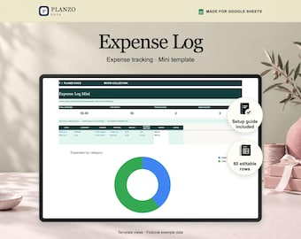 May include: A digital expense log template for Google Sheets titled Expense Log, featuring a dark green header, a table for tracking daily business expenses, and a circular pie chart visualizing expenses by category with blue and green segments.