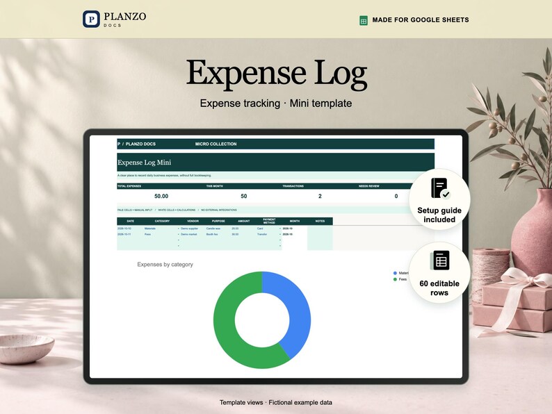 Planzo small business expense tracker shown in a tablet frame, with a Google Sheets preview using fictional example data.