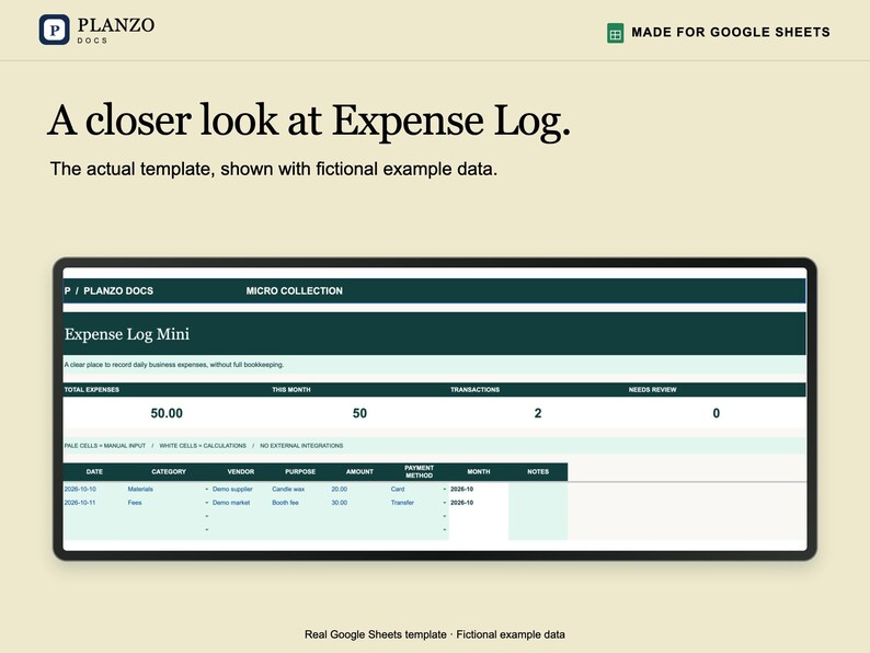 May include: A digital spreadsheet template titled Expense Log Mini by Planzo Docs, designed for Google Sheets. The interface features dark green headers, white data rows, and columns for date, category, vendor, purpose, amount, payment method, month, and notes.