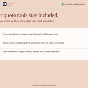 May include: A digital interface for Planzo quote tools made for Google Sheets. The text reads: Your quote tools stay included. The original pricing workflow, with a dated cash check alongside it. Features three numbered tiers for pricing.
