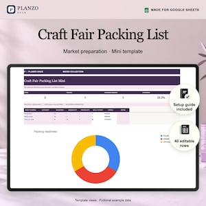 Planzo craft fair packing checklist shown in a tablet frame, with a Google Sheets preview using fictional example data.