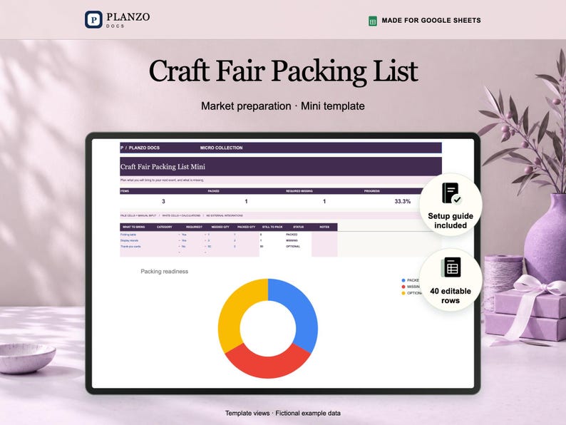 Planzo craft fair packing checklist shown in a tablet frame, with a Google Sheets preview using fictional example data.