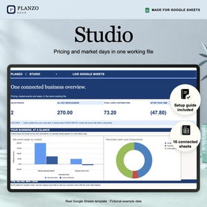 May include: A digital Google Sheets template titled Studio for business management. The interface displays financial data, a bar chart for net event sales, and a pie chart for cash cost components. Text includes One connected business overview.