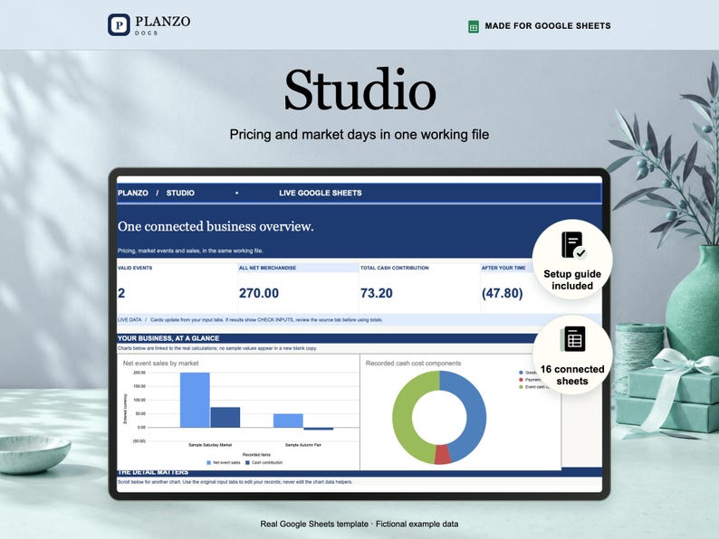 Planzo handmade business spreadsheet shown in a tablet frame, with a Google Sheets preview using fictional example data.