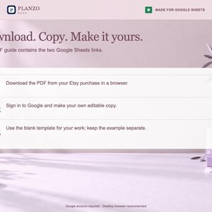 May include: A digital instruction graphic titled Download. Copy. Make it yours. It outlines three steps for using Google Sheets templates, including downloading a PDF, signing into Google, and using the blank template for personal work.