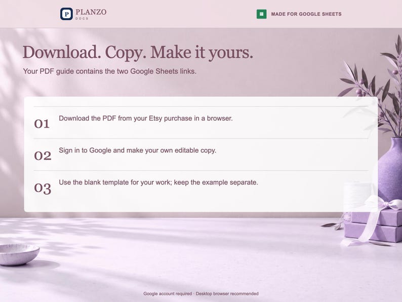 May include: A digital instruction graphic titled Download. Copy. Make it yours. It outlines three steps for using Google Sheets templates, including downloading a PDF, signing into Google, and using the blank template for personal work.