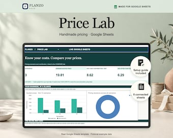 Könnte beinhalten: Eine digitale Price Lab-Vorlage für Google Sheets mit einer dunkelgrünen Benutzeroberfläche, Datentabellen, Balkendiagrammen und einem blauen Ringdiagramm. Der Text umfasst Planzo, Price Lab, Know your costs, Setup guide included und 8 connected sheets.