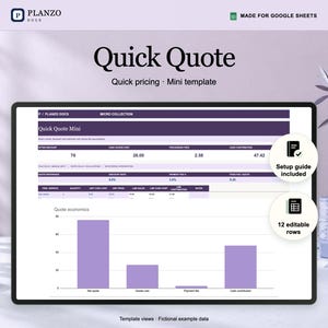May include: A digital Quick Quote template for Google Sheets featuring a purple and white interface with data tables, a bar chart titled Quote economics, and two circular badges indicating a setup guide and 12 editable rows.