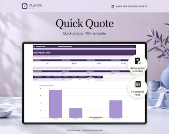 Könnte beinhalten: Eine digitale Quick Quote Vorlage für Google Sheets mit einer violett-weißen Benutzeroberfläche, Datentabellen, einem Balkendiagramm mit der Überschrift Quote economics und zwei runden Symbolen für Anleitung und 12 Zeilen.