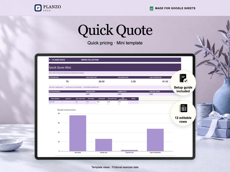 Planzo quote calculator shown in a tablet frame, with a Google Sheets preview using fictional example data.
