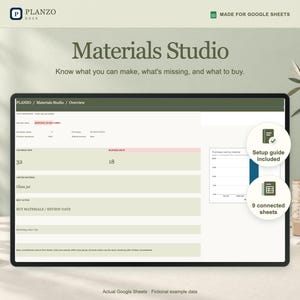 Materials Studio for Google Sheets, showing the actual decision dashboard with fictional example data. 32 units available and 18 blocked by missing jars.