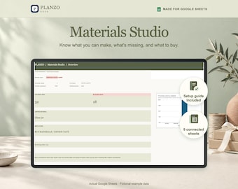 May include: A digital interface titled Materials Studio for Google Sheets displaying inventory data, including numbers 32 and 18, a bar chart, and text labels such as Buy Materials/Review Data. Two circular badges indicate Setup guide included and 9 connected sheets.