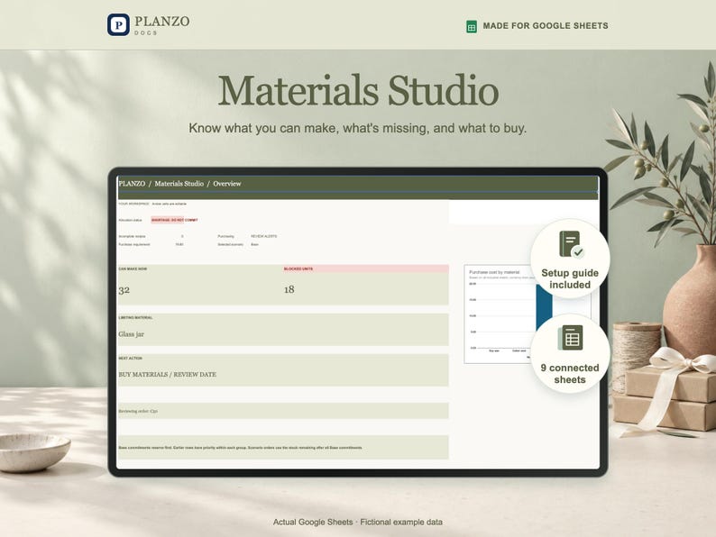 Materials Studio for Google Sheets, showing the actual decision dashboard with fictional example data. 32 units available and 18 blocked by missing jars.