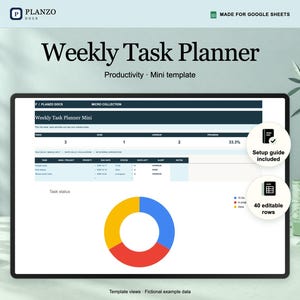 Planzo weekly task planner shown in a tablet frame, with a Google Sheets preview using fictional example data.