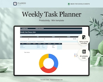 May include: A digital Weekly Task Planner template for Google Sheets featuring a dark header, task tracking table with columns for status and progress, and a colorful donut chart. Two circular badges indicate a setup guide and 40 editable rows.