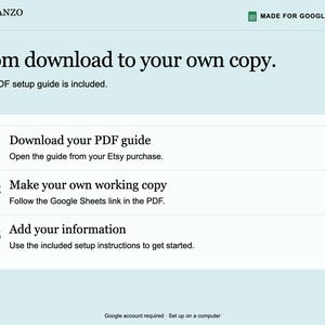 K&ouml;nnte beinhalten: Eine hellblaue Anleitungsgrafik mit dem Titel From download to your own copy. Sie beschreibt drei Schritte: 01 Download your PDF guide, 02 Make your own working copy und 03 Add your information. Enth&auml;lt das Planzo Docs Branding und das Google Sheets Symbol.
