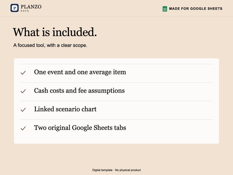 Puede incluir: Una plantilla digital para Google Sheets titulada Planzo Docs. El texto dice: What is included. A focused tool, with a clear scope. Las caracter&iacute;sticas listadas son: One event and one average item, Cash costs and fee assumptions, Linked scenario chart y Two original Google Sheets tabs.