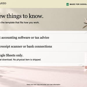 May include: A digital template information graphic titled A few things to know. It states: Not accounting software or tax advice, No receipt scanner or bank connections, Google Sheets only. Digital download. No physical item is shipped.