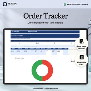 May include: A digital order tracker template for Google Sheets titled Order Tracker. The interface displays order management data, including a table with columns for order ID, date, customer, value, and balance, plus a red and green donut chart.