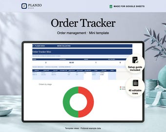 May include: A digital order tracker template for Google Sheets titled Order Tracker. The interface displays order management data, including a table with columns for order ID, date, customer, value, and balance, plus a red and green donut chart.
