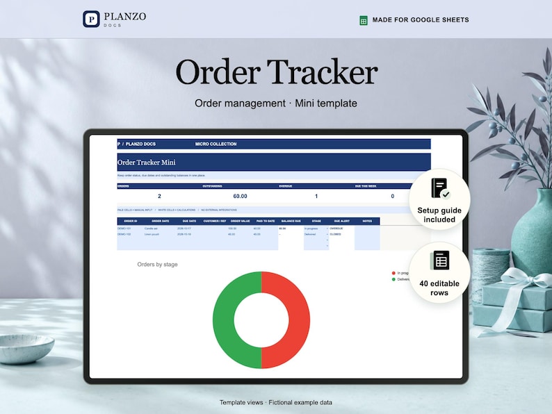 Planzo small business order tracker shown in a tablet frame, with a Google Sheets preview using fictional example data.