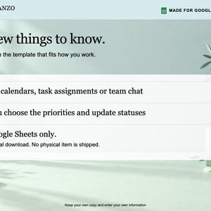 K&ouml;nnte beinhalten: Eine digitale Vorlagengrafik mit dem Text Planzo Docs und Made for Google Sheets. Der Haupttext lautet A few things to know. Choose the template that fits how you work. No calendars, task assignments or team chat. You choose the priorities and update statuses. Google Sheets only. Digital download. No physical item is shipped. Keep your own copy and enter your own information.