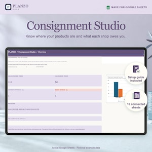Consignment Studio for Google Sheets, showing the actual decision dashboard with fictional example data. 112 calculated owed, 60 received, and a statement difference to review.