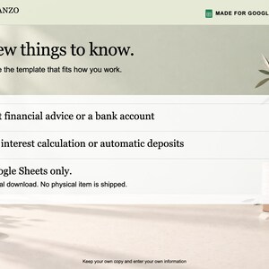 May include: A digital document template by Planzo Docs for Google Sheets. The text reads: A few things to know. Choose the template that fits how you work. Not financial advice or a bank account. No interest calculation or automatic deposits.