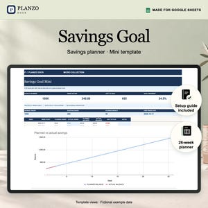Planzo 26-week savings tracker shown in a tablet frame, with a Google Sheets preview using fictional example data.