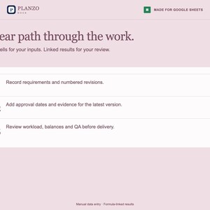 May include: A digital interface for Planzo Docs featuring the text A clear path through the work, Amber cells for your inputs, and Linked results for your review. It lists three steps for recording requirements, adding approval dates, and reviewing workload.