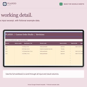 May include: A digital spreadsheet template titled PLANZO / Custom Order Studio / Revisions, featuring columns for Order ID, Version number, Specification, Revision notes, Approval status, and Approval date, displayed on a light background.