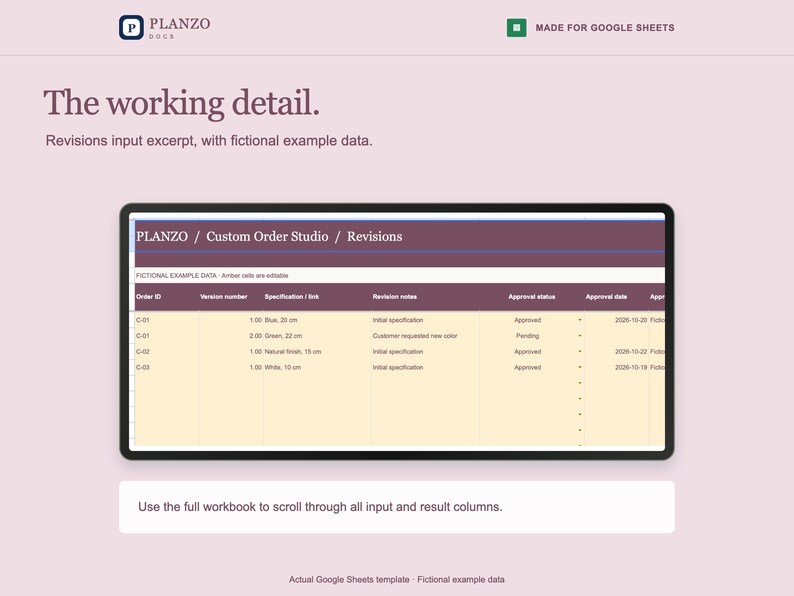 May include: A digital spreadsheet template titled PLANZO / Custom Order Studio / Revisions, featuring columns for Order ID, Version number, Specification, Revision notes, Approval status, and Approval date, displayed on a light background.