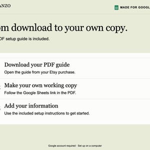 May include: A Planzo Docs instructional graphic for Google Sheets with the text: From download to your own copy. Your PDF setup guide is included. 01 Download your PDF guide, 02 Make your own working copy, 03 Add your information.