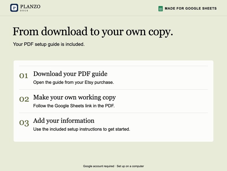 May include: A Planzo Docs instructional graphic for Google Sheets with the text: From download to your own copy. Your PDF setup guide is included. 01 Download your PDF guide, 02 Make your own working copy, 03 Add your information.