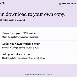 K&ouml;nnte beinhalten: Eine hellviolette Anleitungsgrafik mit dem Titel From download to your own copy. Sie beschreibt drei Schritte: 01 Download your PDF guide, 02 Make your own working copy und 03 Add your information. Enth&auml;lt Planzo Docs und Google Sheets Logos.
