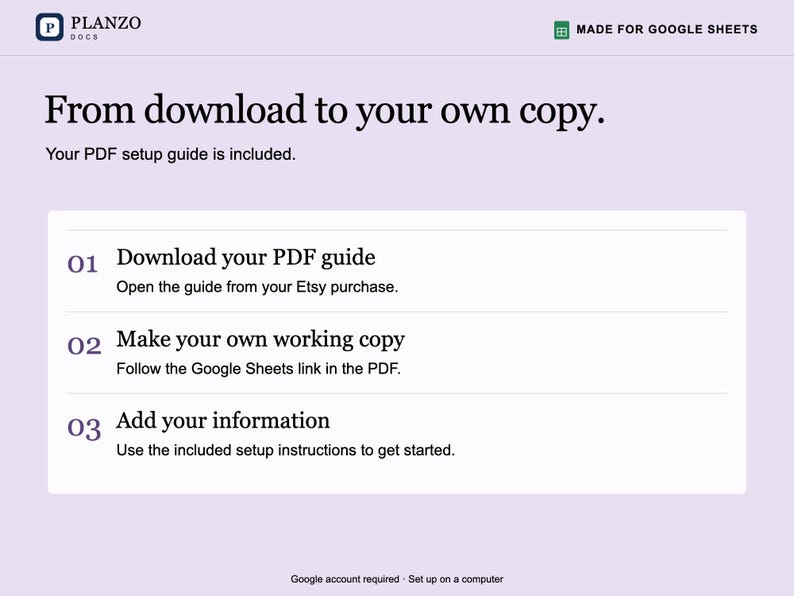 K&ouml;nnte beinhalten: Eine hellviolette Anleitungsgrafik mit dem Titel From download to your own copy. Sie beschreibt drei Schritte: 01 Download your PDF guide, 02 Make your own working copy und 03 Add your information. Enth&auml;lt Planzo Docs und Google Sheets Logos.