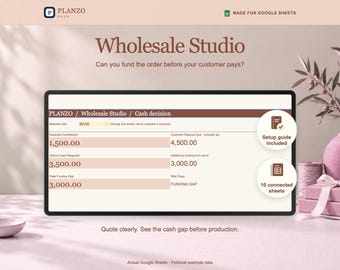 May include: A digital display showing a Planzo Wholesale Studio Google Sheets interface for cash decision analysis. The screen features financial data, including expected contribution, upfront cash required, and peak funding gap, with two circular icons indicating a setup guide and ten connected sheets.