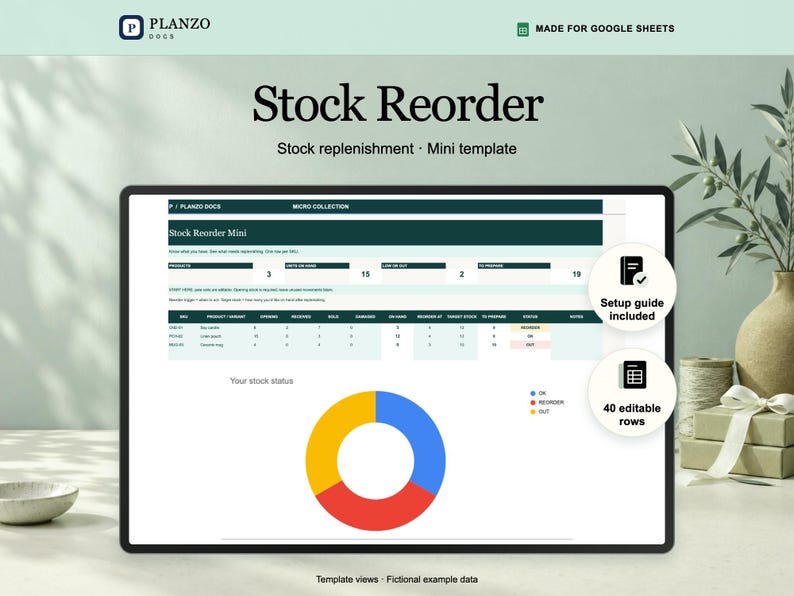 Planzo inventory tracker spreadsheet shown in a tablet frame, with a Google Sheets preview using fictional example data.