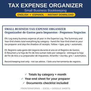 May include: A digital tax expense organiser for small business bookkeeping. The document features text in English and Spanish, including instructions for logging expenses, year-end summary sheets, and a documents checklist for Excel and Google Sheets.