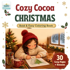 Cozy Christmas Coloring Pages for Adults, Bold and Easy Coloring Book Printable, Cute Girl and Cat Winter pages PDF, Instant Download